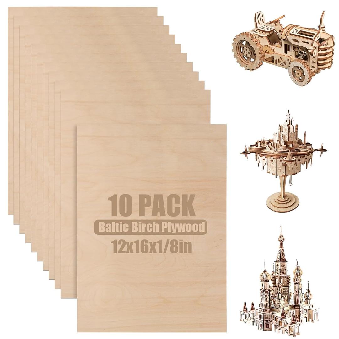 10Pcs 16 x 12 x 1/8 Inch Baltic Birch Plywood Sheets 3mm Unfinished Plywood Sheet for Arts and Crafts, Painting, Pyrography, Wood Engraving, Wood Burning, Laser, Architectural Models