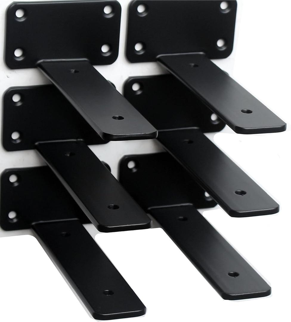 6 Pack - 5 inch Black Hidden L Shelf Bracket (1/5 Inch Thicked) Iron Floating Shelf Brackets Rustic Industrial Metal Brackets for Shelf Support