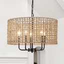 Large Farmhouse Chandelier for Dining Room, 5-Light Rattan Chandelier Boho Light Fixture with Wicker Shade, Coastal Hanging Pendant Light for Living Room Bedroom Entryway Foyer Lighting Fixtures (Black 19'')