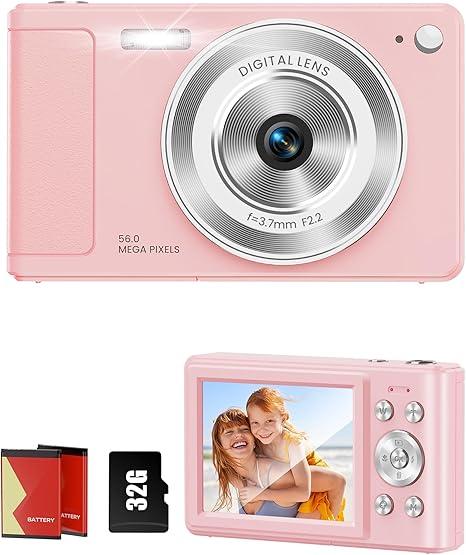 Digital Camera 56MP, FHD 1080P Point & Shoot Camera with 32GB SD Card, 2 Batteries, and Lanyard, Ideal for Kids & Teens, Suitable Gift for Girls