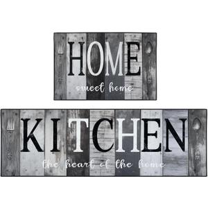 Farmhouse Black Gray Kitchen Rugs and Mats Non Skid Washable Set of 2, Vintage Wooden Board Floor Mats, Sweet Heart Home Runner Rug, Kitchen Decor
