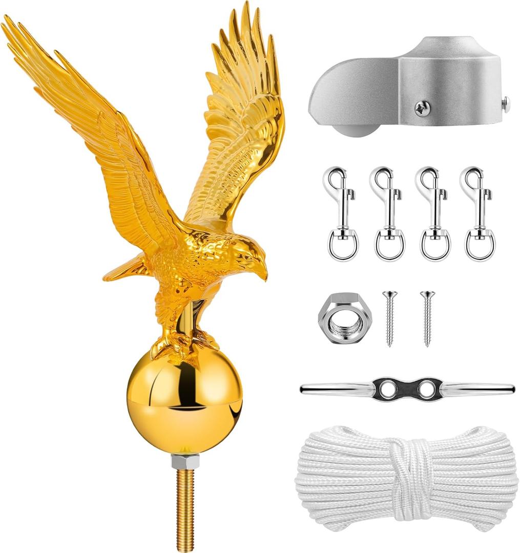 Golden Eagle Flagpole Topper 13" & Hardware Parts Repair Kits, 50FT Halyard Rope, 4" Zinc Cleat Hook, Flag Swivel Snap Clips, Pulley Truck for 1.7"-2.1" Flagpoles(20/25/30FT), Auro 2 Pro - Gold
