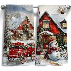 Christmas Scene Snowman Kitchen Towels Set of 2,Winter Farmhouse Decoration Hand Towels for Kitchen Decoration 16x24 Inches
