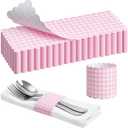 FoldTier 300 Pcs Pink and White Plaid Paper Napkin Rings Self Adhesive Pink Gingham Disposable Napkin Bands Silverware Wrap Band for Baby Shower Birthday Wedding Event Party Table Setting Decoration