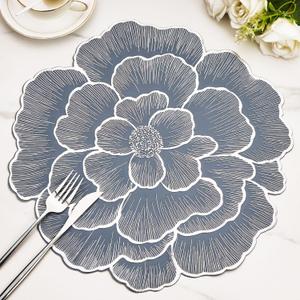 Evevda Silver Placemats Set of 6 15 Inch Metallic Pressed Vinyl Flower Place Mats Non Slip Washable Waterproof PVC Table Mats for Dinner Party Table Decoration