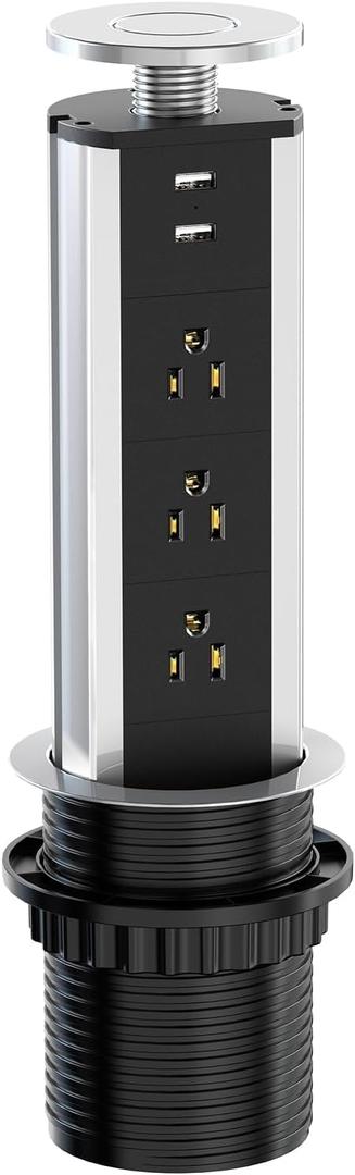 Pop Up Electrical Outlet for Countertop, Recessed Power Strip with 3 AC Outlet & 2 USB Ports,80mm Hole Pull Pop Up Socket Hidden Outlets, Pop Out Power Outlet for Kitchen Counter Conference Desk