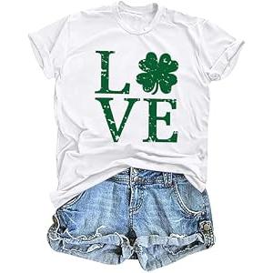 Love Shamrock Graphic St Patrick's Day Cute T-Shirt Women's Lucky Clover Irish Tees Short Sleeve Casual Tops L