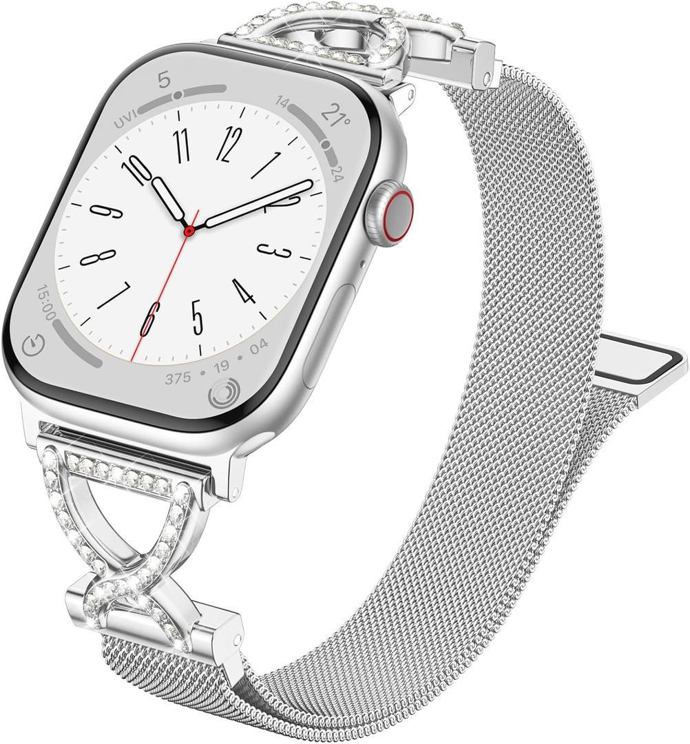 JKD Slim Metal Band Compatible with Apple Watch Bands for Women 40mm 42mm 41mm 38mm, Diamond X-Shape Stainless Steel Magnetic Loop for iWatch Series 11/10/9/8/7/6/5/4/3/2/1 SE3/2/1 (Silver)