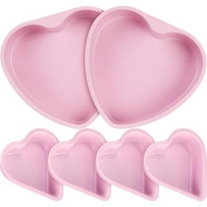Nuogo 6 Pcs Heart Shaped Nonstick Cake Pans 8 Inch 4 Inch Pink Baking Pans Set Carbon Steel Cake Baking Mold for Valentine Bake DIY Weddings Party Favor Dishwasher Safe