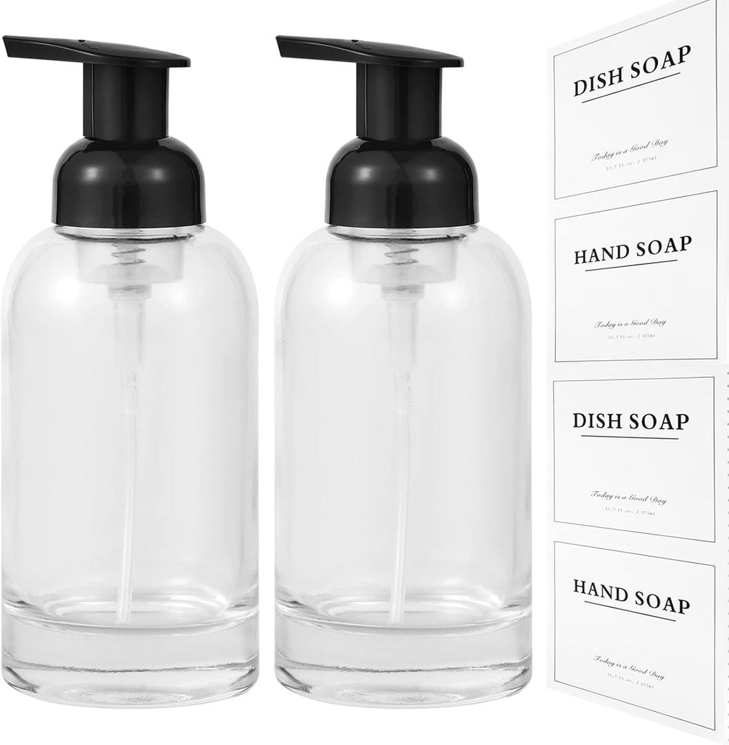 Rejomiik Foaming Soap Dispenser Thick Glass Foam for Bathroom or Kitchen Sink, 12.7 oz Clear Pump Bottles for Hand soap, Body Wash, Black 2 Pack