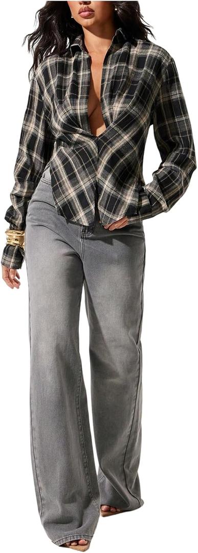 SweatyRocks Women's Plaid Long Sleeve Collared Blouse Casual Side Split Drop Shoulder Going Out Shirt (M)