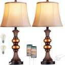 Set of 2 Touch Control Traditional Table Lamp, 27"H Bedside Lamps with 2 USB Charging Ports, 3-Way Dimmable Bronze Finish Large Nightstand Lamps with Bell Faux Silk Shade for Living Room, Bedroom (Bronze Large(Warm White Bulbs))