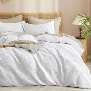 PHF Waffle Weave Duvet Cover Set Queen Size, No Snagging Ultra Soft Luxury Textured Breathable Comforter Cover for All Season 3pcs, Durable Bedding Duvet Set with 2 Pillow Shams, 90"x90", White