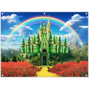 8x6ft Polyester Green Castle Backdrop Yellow Brick Road Rainbow Sky Photography Background Floral Banner Kids Party Decorations Photo Props