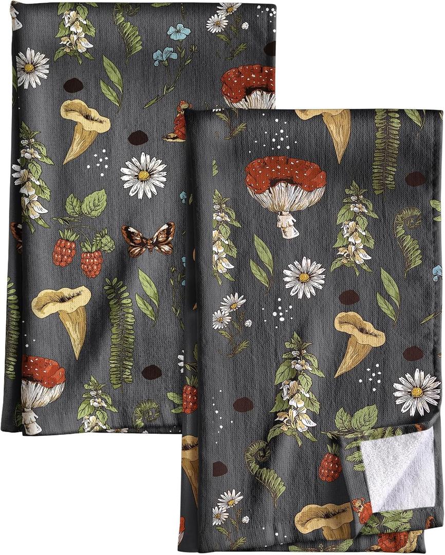 Cotton Kitchen Towels Set of 2 - Cute Design 1626 Inch Dish Towels for Kitchen with Hanging Loop Mushroom Quick Dry Hand Towels Soft & Absorbent, Home Decorative, Terry Cloth Tea Towels