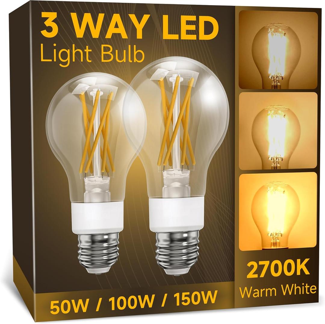 3 Way Light Bulbs 50 100 150w Equivalent, Soft White 2700K, Three Way A19 LED Filament Light Bulb with 90+ CRI, E26 Dimmable Warm Light Bulbs, Classic Clear Glass, 2 Pack
