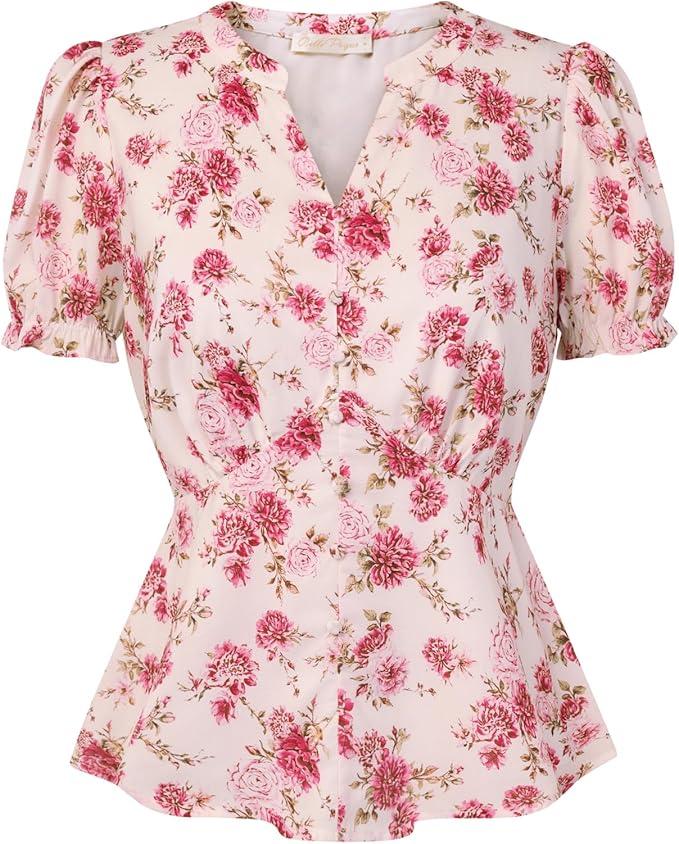Belle Poque Floral Tops for Women Spring Summer Dressy Casual Blouses Short Sleeve V Neck Shirts Peplum Tops Pink L