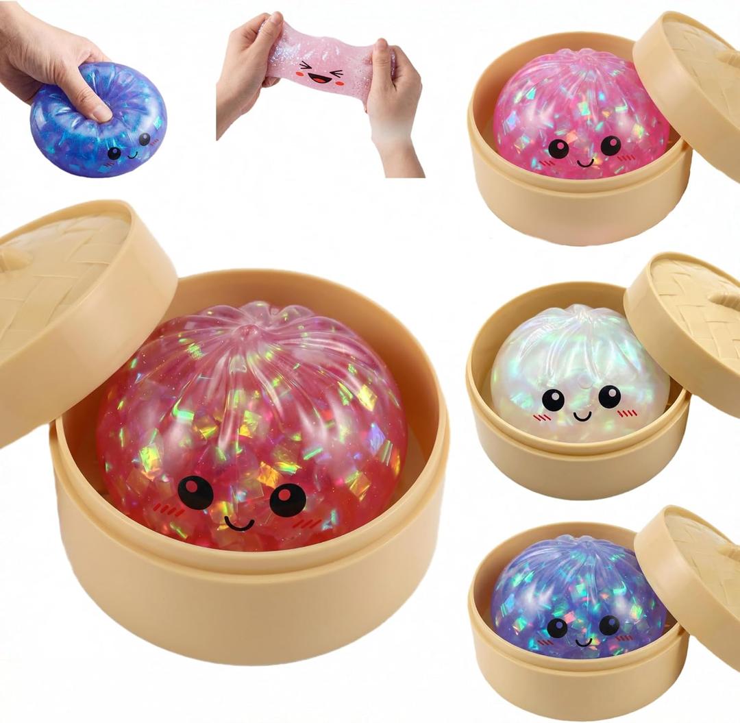 Glitter Dumpling Squishy Toy Dumpling Stress Ball with Steamer Case, Stress Relief Fidget Toy for Adults, Cute Squeeze Desk Toy Portable Toy Gift Idea (Orange)