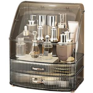 Makeup Organizer Countertop Vanity with Transparent Lid Drawers Waterproof Dustproof Cosmetic Skincare Bathroom Storage Gift for Women Teens Girls (Clear Black) (Large)