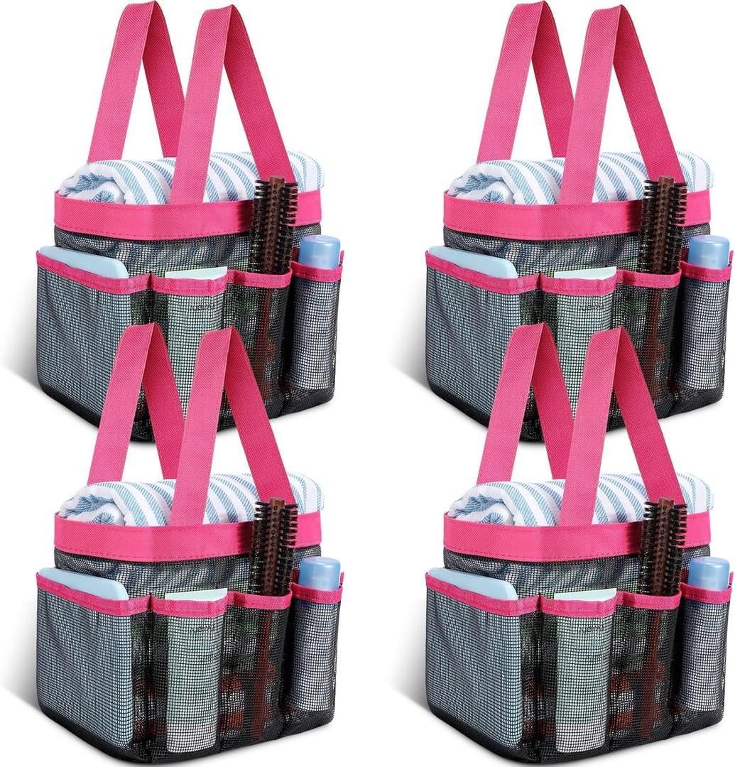 Hillban 4 Pcs Mesh Shower Caddy Portable Shower Caddy for Dorm Beach Mesh Bags with Deeper 8 Pockets and Handles Showers Caddies Basket for Women College Room Vacation (Rose Red)