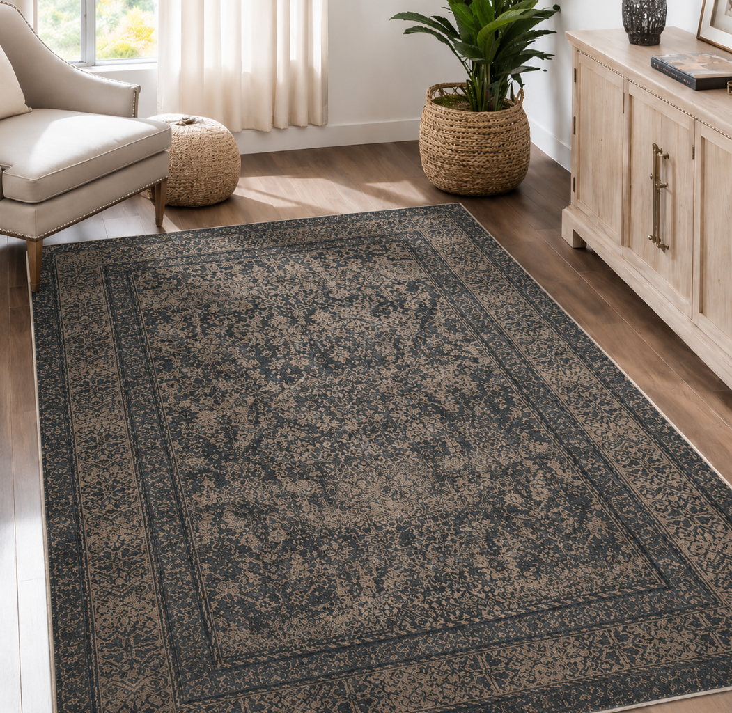 Vintage Washable Area Rug for Living Room,Low Pile 5x7 Non Slip Carpet Non-Shedding Area Rug Soft Indoor Stain Resistant Rug Floral Print Mat for Bedroom Dining Room Green