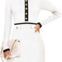 ZESICA Women's Fall Long Sleeve Bodycon Sweater Dress Crewneck Button Knit Color Block Party Mini Dresses (White, XL)