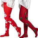 Aaronano 2 Pairs Girls Patterned Red Tights Christmas Holiday Stockings Kids Snowflake Printed Tights for Girls, Small