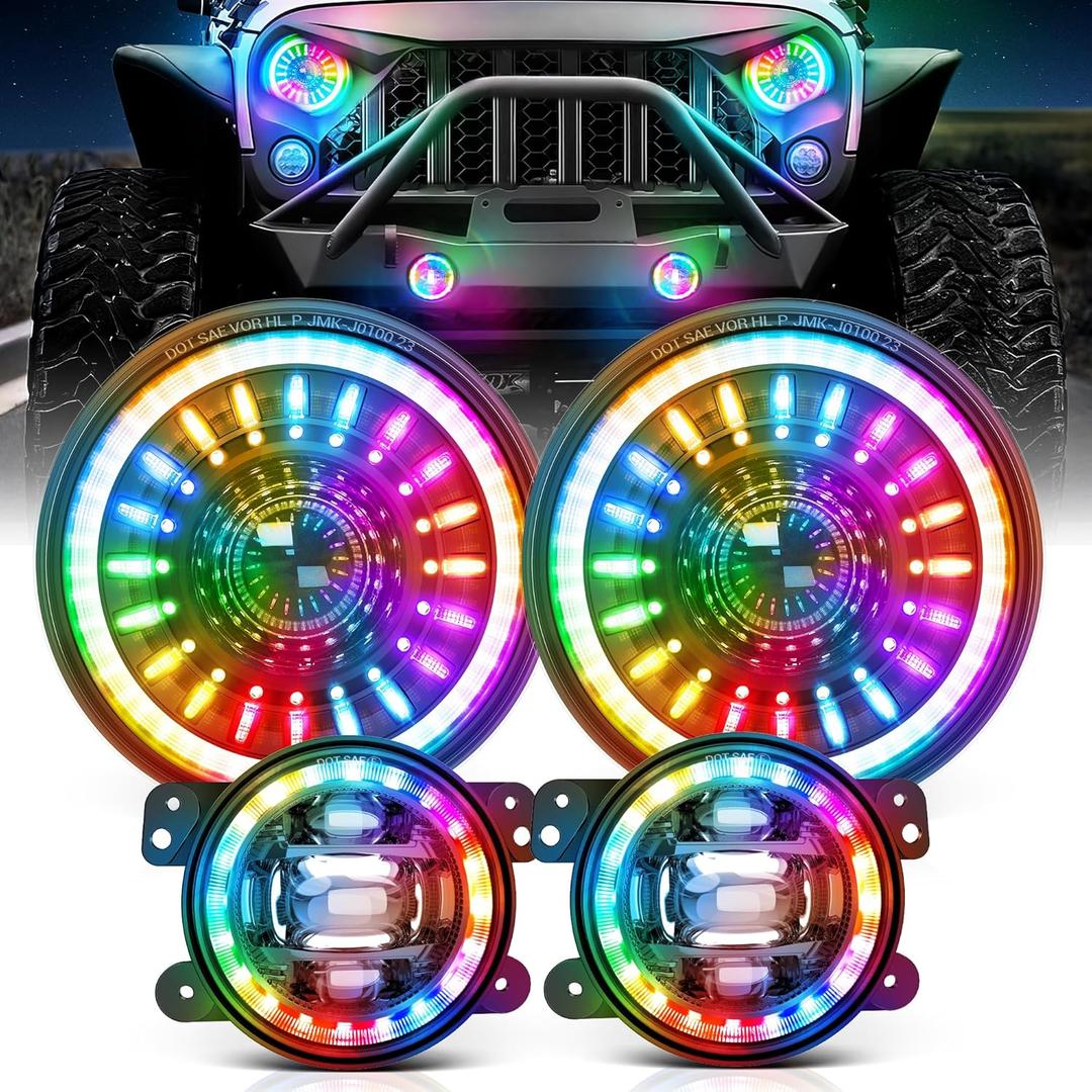 MICTUNING J1 RGB+IC 7-inch Front Driving Lights with Fog Lights, Multi-Color Chasing App Control Compatible with 1997-2018 Jeep Wrangler TJ JK Chevy Ford GMC, DOT Approved, Anti-Glare 1000% Brighter