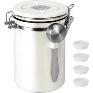 Kirecoo Stainless Steel Coffee Canister - 22OZ Airtight Coffee Bean Storage Grounds Container Holder with Date Tracker & Measuring Scoop, Kitchen Food Canister Jar for Cereal, Sugar, Tea, Flour, Gifts (Beige)