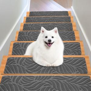 Stair Treads for Wooden Steps - Non Slip Stairs Carpet Tape Peel and Stick with Double Adhesive Tape Set of 15 Leaf -Grey, 15pc - 8" x 30"inch