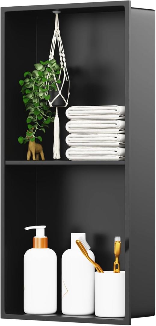 No Tile Shower Niche Stainless Steel Wall Niche 12" X 24" Two-Tier Bathroom Shelf No Tile Needed Recessed Niche Shower for Bathroom Storage, Matte Black, 12W * 24H