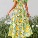 PRETTYGARDEN Women's Casual Summer Midi Dress Puffy Short Sleeve Square Neck Smocked Tiered Ruffle Dresses (Yellow, M)