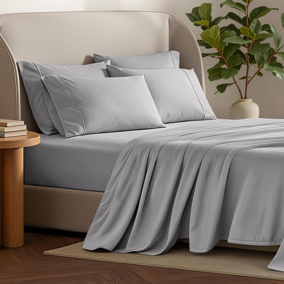 Bare Home Hotel Luxury King Sheet Set, Extra Soft - 6 Piece Set - Deep Pockets - Easy Fit - Cooling & Breathable - Wrinkle, Fade, Stain Resistant - Includes 4 Pillowcases (King, Light Grey)