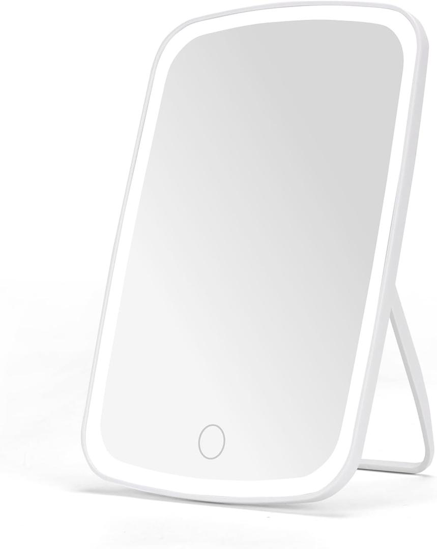 ZBEIVAN 9.3x6.6 Inches Lighted Makeup Mirror, Rechargeable Make Up Mirror with Light, Portable LED Vanity Mirror with Dimmable Touch Screen for Travel, Desk, Table, Room Decor, White