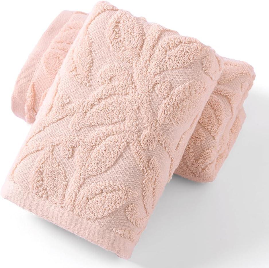 YiLUOMO Pink Embossed Floral Pattern Hand Towel Set of 2 Super Soft Highly Absorbent 100% Cotton Decorative Hand Towels for Bathroom Home Everyday Use 13x 29 Inch, Small