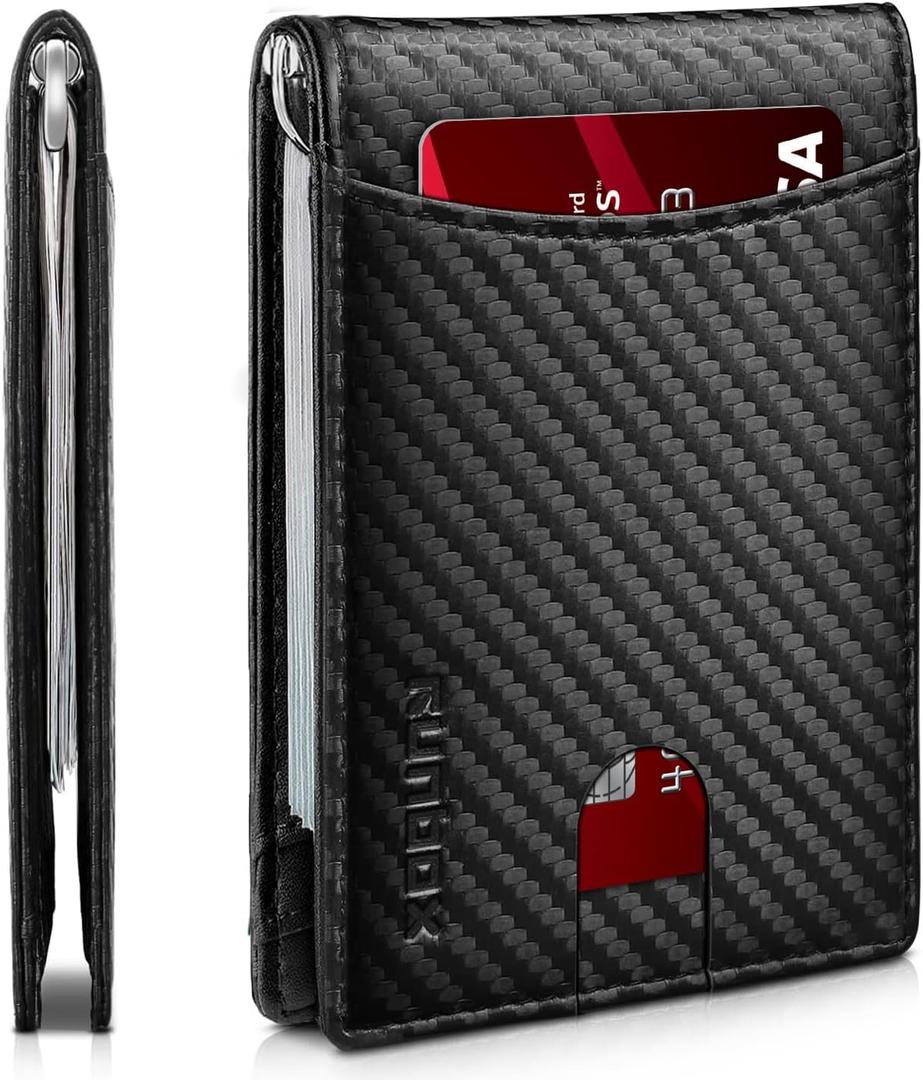 RUNBOX Slim Wallet for Men Genuine Leather RFID Blocking Bifold Minimalist Front Pocket Mens Wallet with Money Clip Thin Gift Box (A Carbon Black-6 Slots)