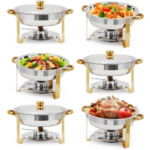 Garvee 6 Pack Chafing Dishes for Buffet, 5 QT Round Buffet Servers and Food Warmer Set with Lid, Stainless Steel Chafers for Catering Parties Wedding Banquet, Gold