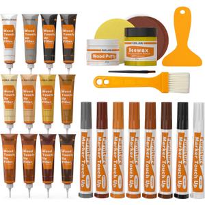 REALINN Wood Furniture Repair Kit- Set of 28 - Touch Up Markers, Fillers with Wood Putty - Repair Scratch, Cracks, Hole, Discoloration for Wooden Door, Floor, Table, Cabinet