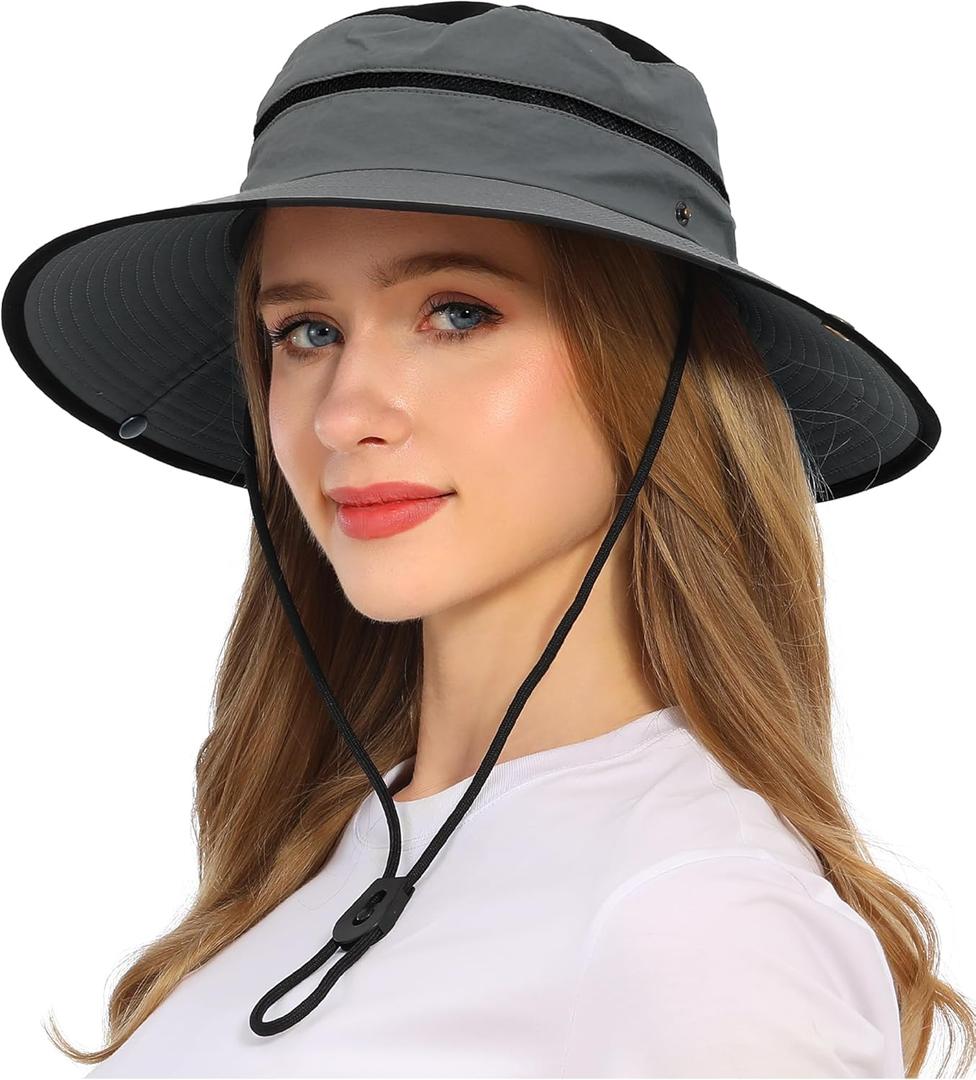 Wide Brim Sun Hat for Women and Men UPF 50+ Packable Mesh Beach Bucket Hats (One Size, Gray)