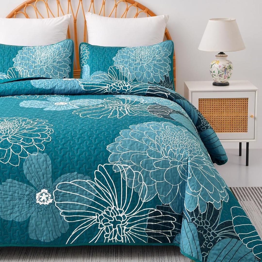 King Quilt Sets Teal Floral Pattern Quilt Bedding Set, 3 Pieces Botanical Quilt Bedspread Coverlet Set, Soft Microfiber Boho Flower Bed Coverlet Bedding Set for All Season(104" x 90)
