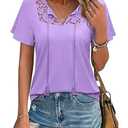 Uhiger Purple Tops for Women Boho Tops Short Sleeve Lace Blouses V Neck Flowy Shirts Tie Front Chic Tunics Casual Outfits Vacation, XL