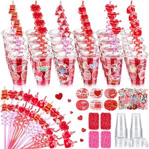 Yungyan 150 Pcs Valentine's Day Plastic Cups Bulk Valentine Plastic Cups with Lid Silly Straw Raffia Stickers for Classroom Prize School Exchange Goodie Bag for Kids Students, 24 Sets(Love)