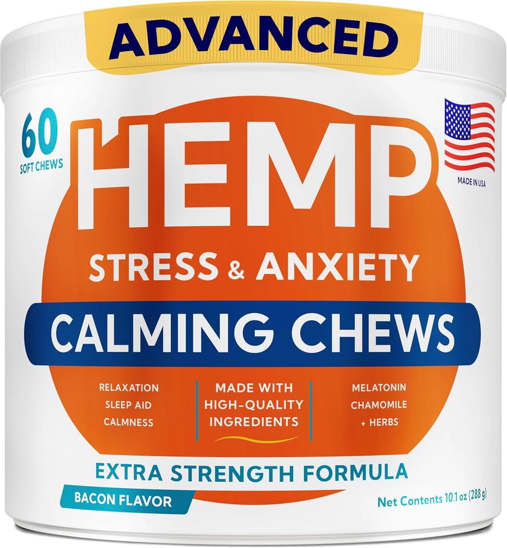 Advanced Calming Chews for Dogs - Hemp Treat + Melatonin + Valerian - Relaxing Bites - Calming Care - Anti-Anxiety & Stress Relief - Made in USA - Calm, Sleep Aid, Storms - 60Ct