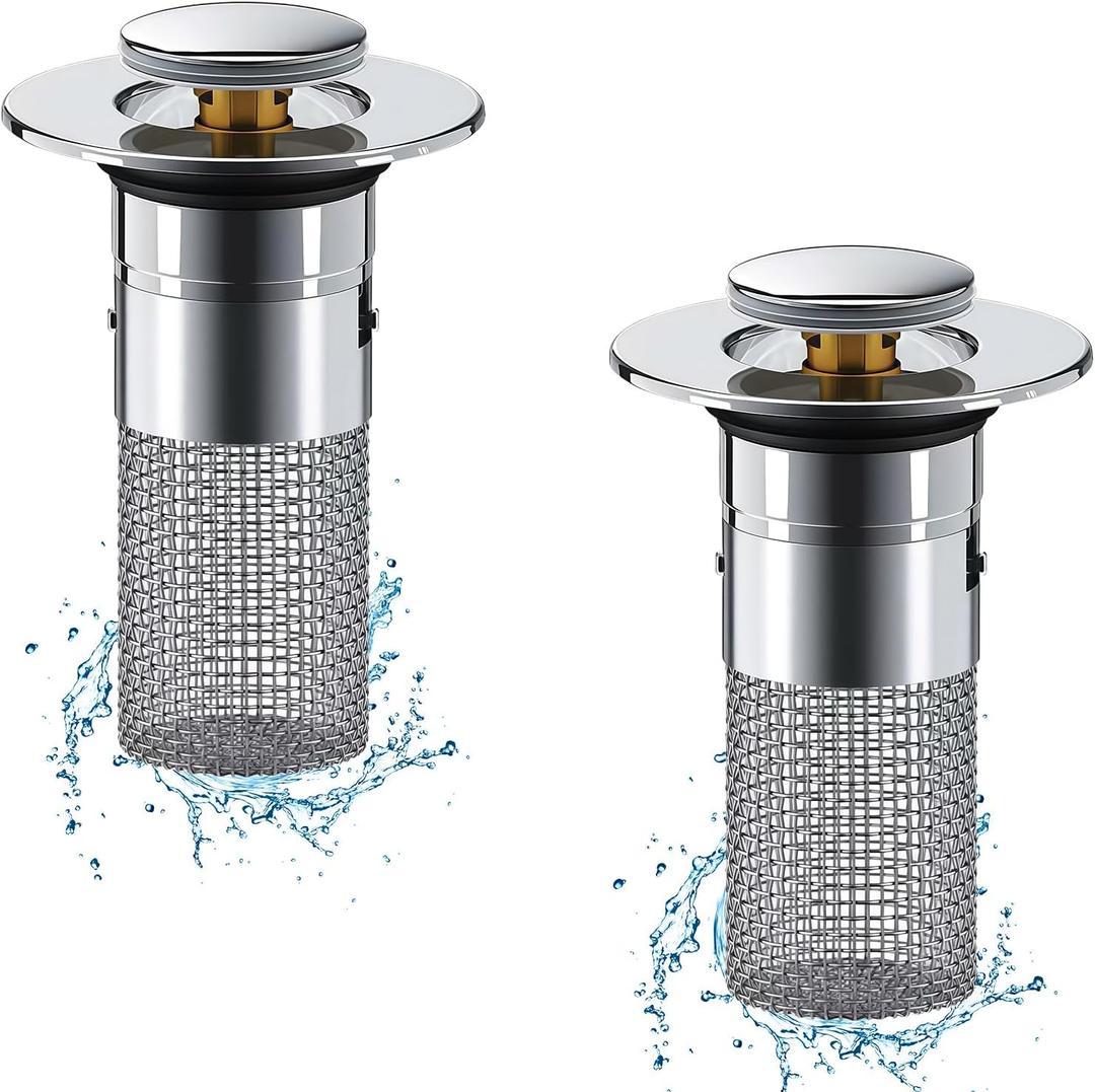 Bathroom Sink Drain Strainer,Pop-up Sink Stopper Hair Catcher with Removable Stainless Steel Filter Basket,Universal Drain Plug Filter Replacement for Bathroom Shower Sink Stopper-2 Pieces