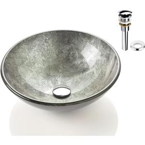 Honeysuckle Series Round Tempered Deco Glass Vessel Bathroom Sink | Top Mount Sinks Above Countertop |Handicraft Vanity Countertop Sink Bowl with Pop Up Drain |FW-LA624