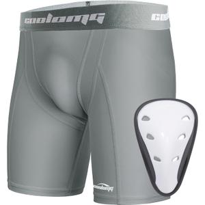 COOLOMG Youth Boys Compression Shorts with Protective Cup Athletic Sports Underwear for Baseball Football Lacrosse Hockey (Medium, Light Gray)