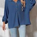 Astylish Women's Casual Blouses Button Down Business Batwing Tops Long Sleeve V Neck Ribbed Shirts 2025 Fall Outfit (Blue, XXL)