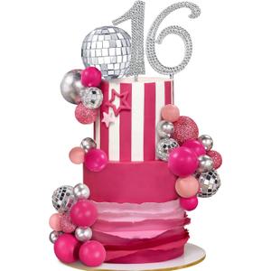 27 PCS Sweet 16 Disco Ball Cake Topper - Hot Pink Girl Toppers for Birthday, Wedding, Anniversary Parties