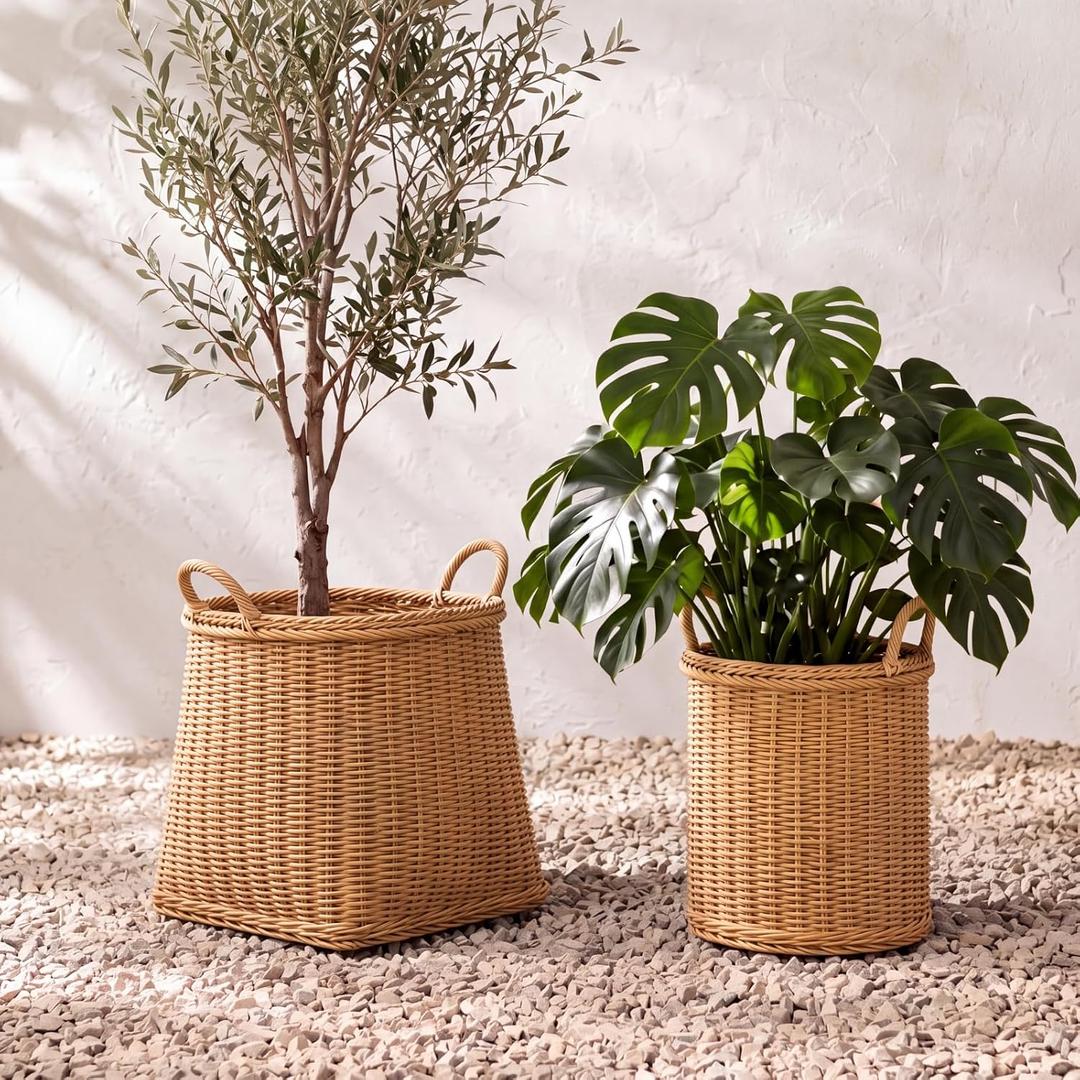 2 Pcs Fall Woven Basket Planter, Plastic Wicker Pot Porch Decor