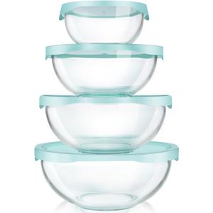 Luvan Borosilicate Clear Glass Mixing Bowls with Lids Set of 4 (0.53qt, 1.1qt, 2.1qt, 3.7qt), Space Saving Nesting Bowls Large Kitchen Salad Bowls for Meal Preping,Baking,Mixing,Dishwasher Safe (Transparent Green)